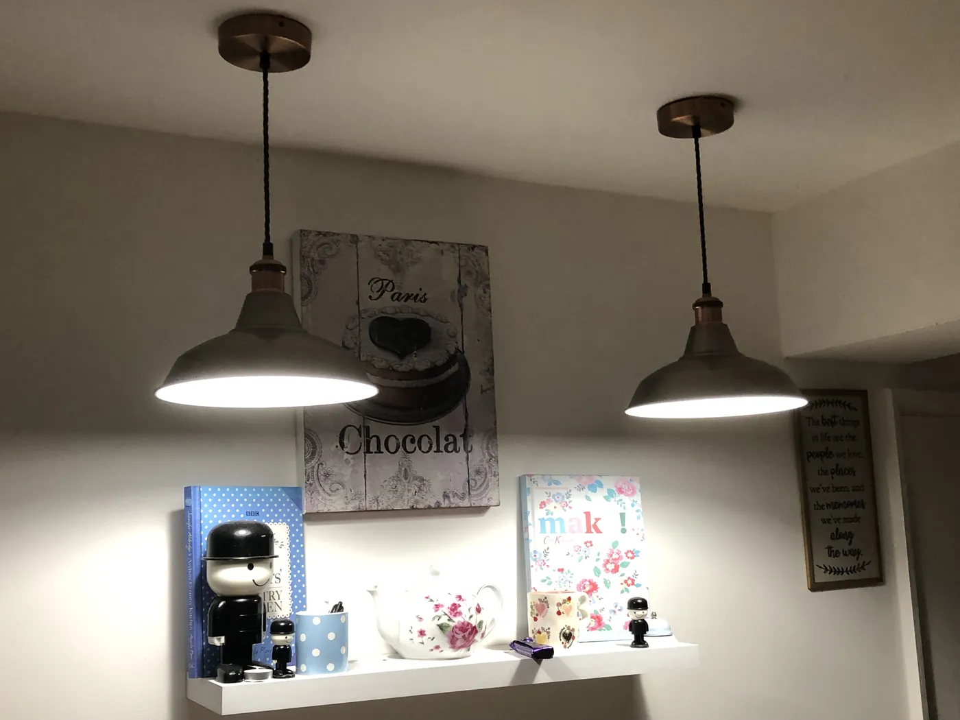Pendant lights over a kitchen shelf, fitted by AK Electrical – electrical services in Worle