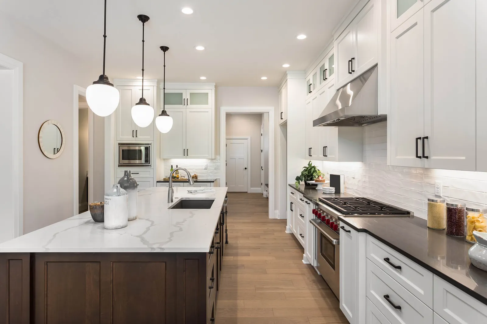 Kitchen with pendant lighting and downlights – electrical services in Cheddar